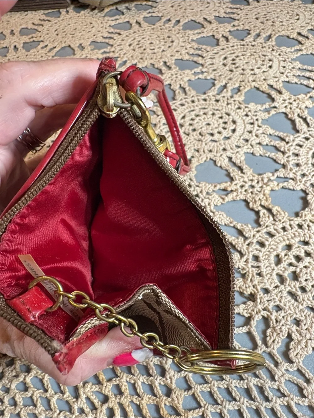Card Tan Signature Canvas Case with Red Trim Wristlet